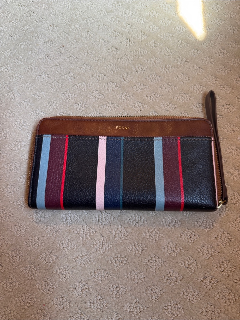 Fossil Black Multi-Stripe Leather Wristlet Clutch with Brown Trim